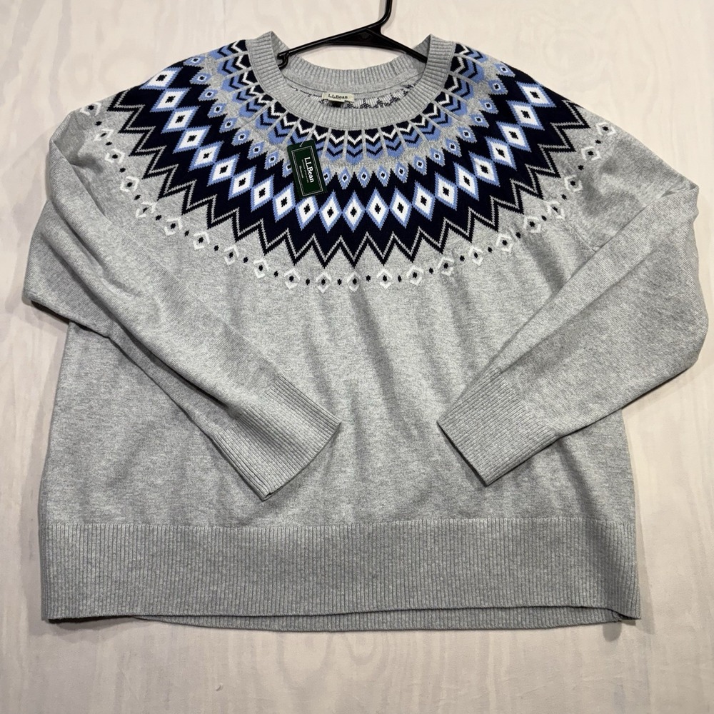 L.L.Bean 1X Women's Cotton Cashmere 95/5 Sweater Crewneck Fair Isle NWT Pullover